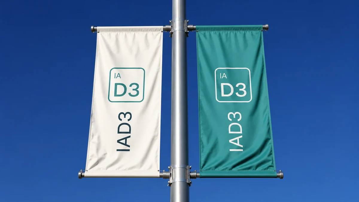 Dois banners verticais da IAD3, um creme e um teal, contra o céu azul
