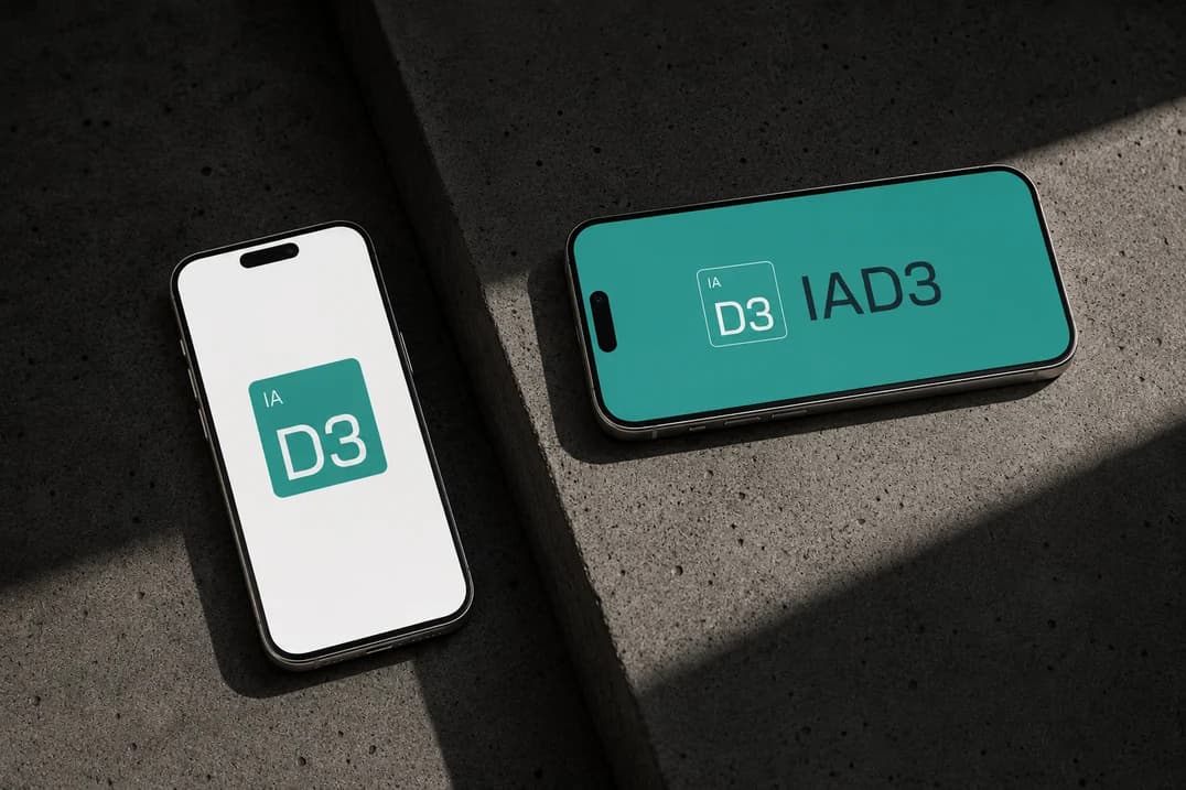 Dois celulares sobre concreto exibindo o ícone e o wordmark da IAD3