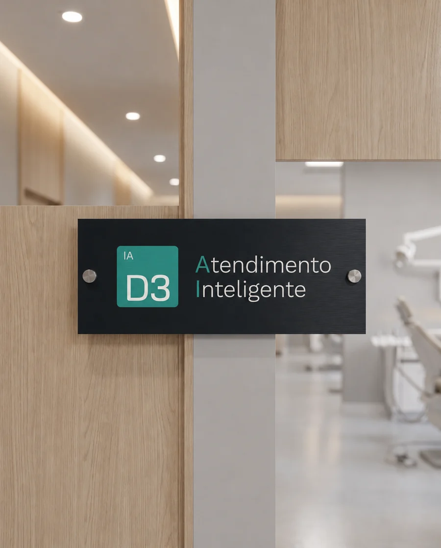 Placa escura com o símbolo IAD3 e o texto Atendimento Inteligente num corredor