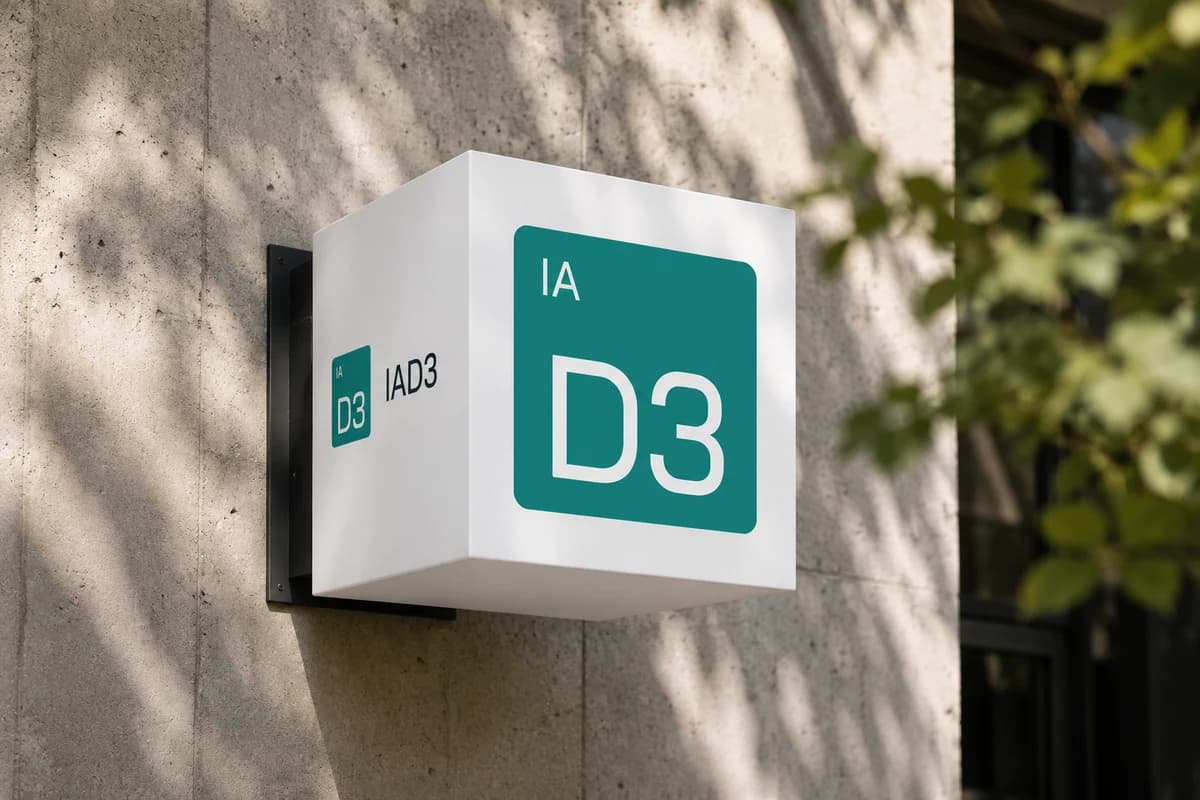 Placa em cubo com o símbolo IAD3 numa parede de concreto, com sombra de planta
